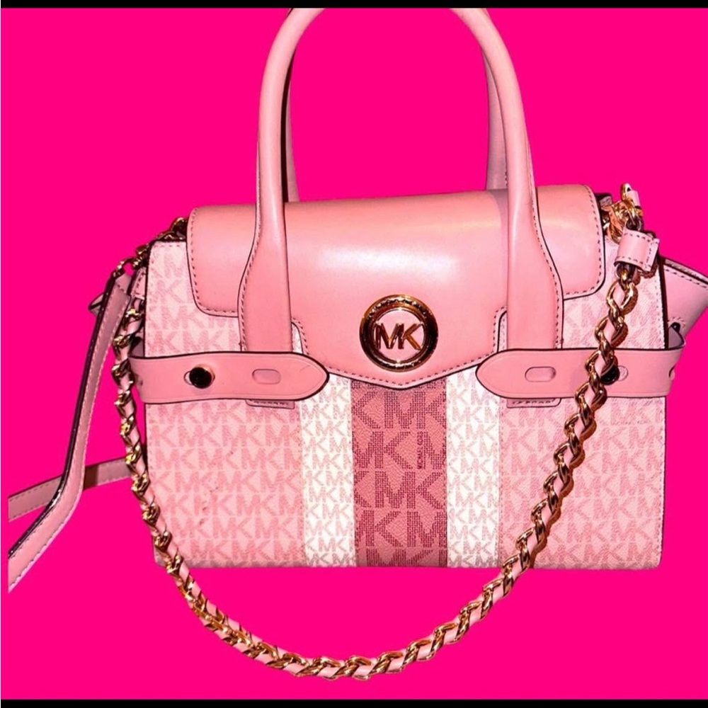 Michael Kors Pink and Cream Satchel with Gold Chain